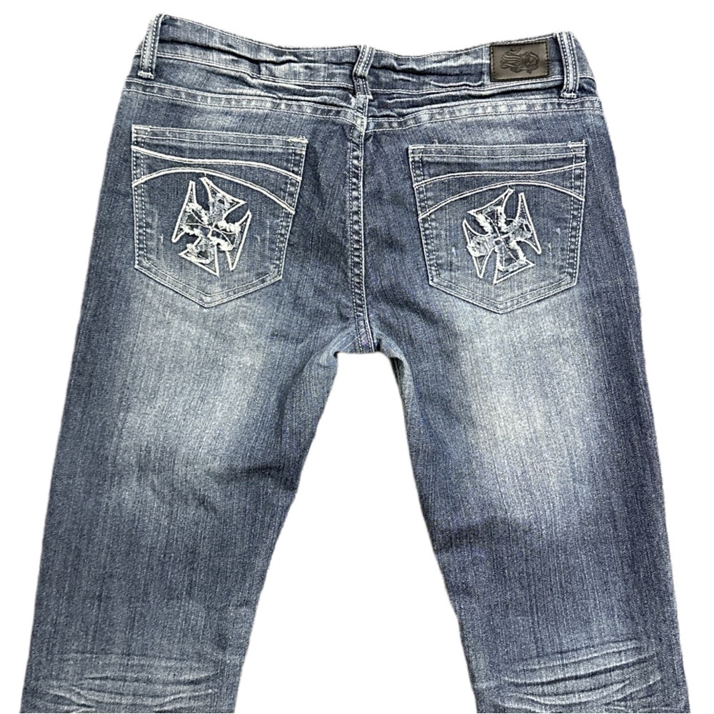 Y2K SILVER DIVA women's dark faded lowrise skinny cross embroidered jeans, 9.